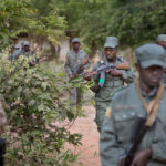 Gefechtsausbildung malischer Soldaten. In Schützenreihe durchkämmen die Soldaten das Gelände. Ein Ausbilder der Bundeswehr kontrolliert das Training.